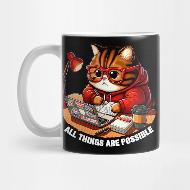 All Things Are Possible Chubby Tabby Cat Laptop Homework Hardworking Study Hard by Plushism